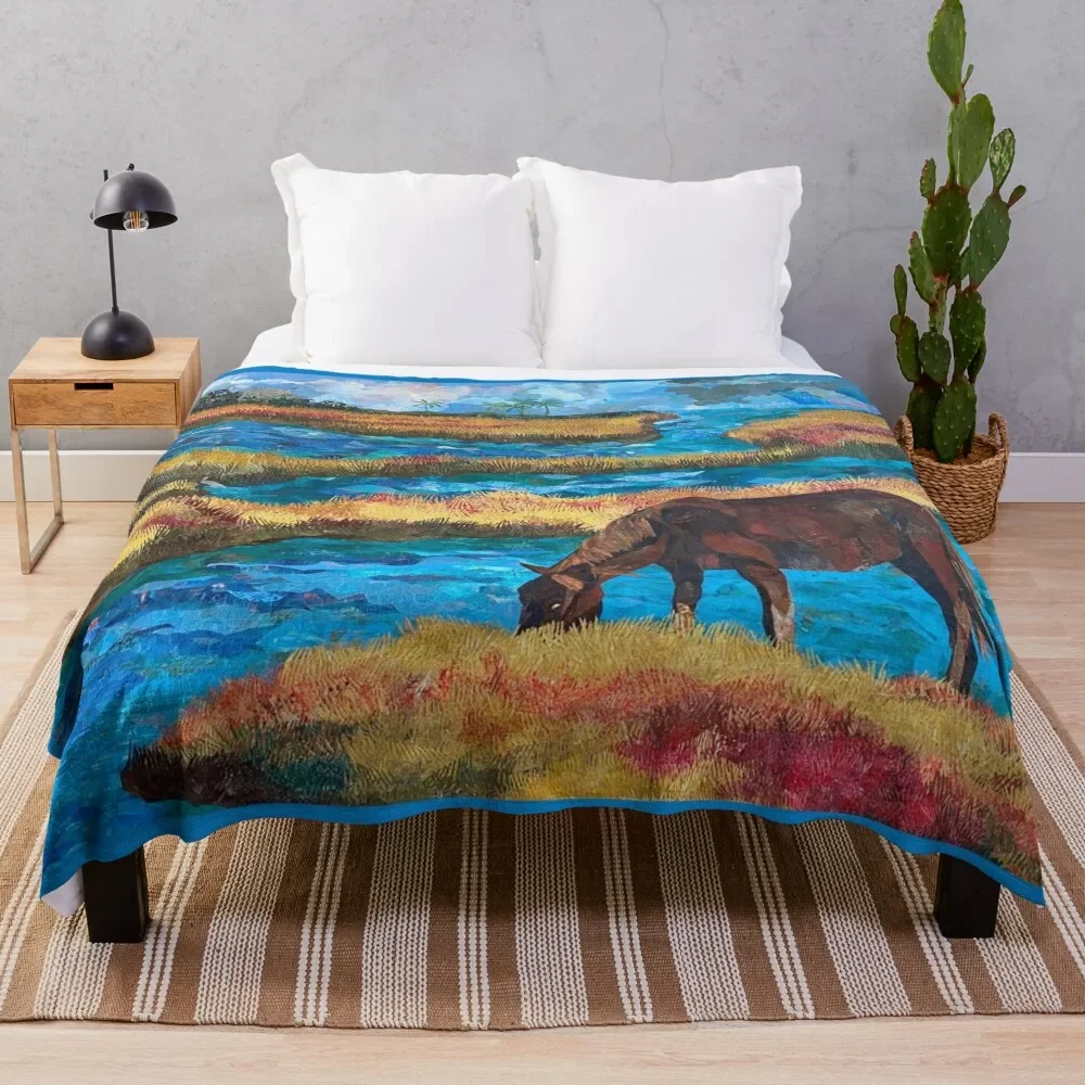 

Horse grazing in marsh Throw Blanket Luxury St Flannels Retros Loose Blankets