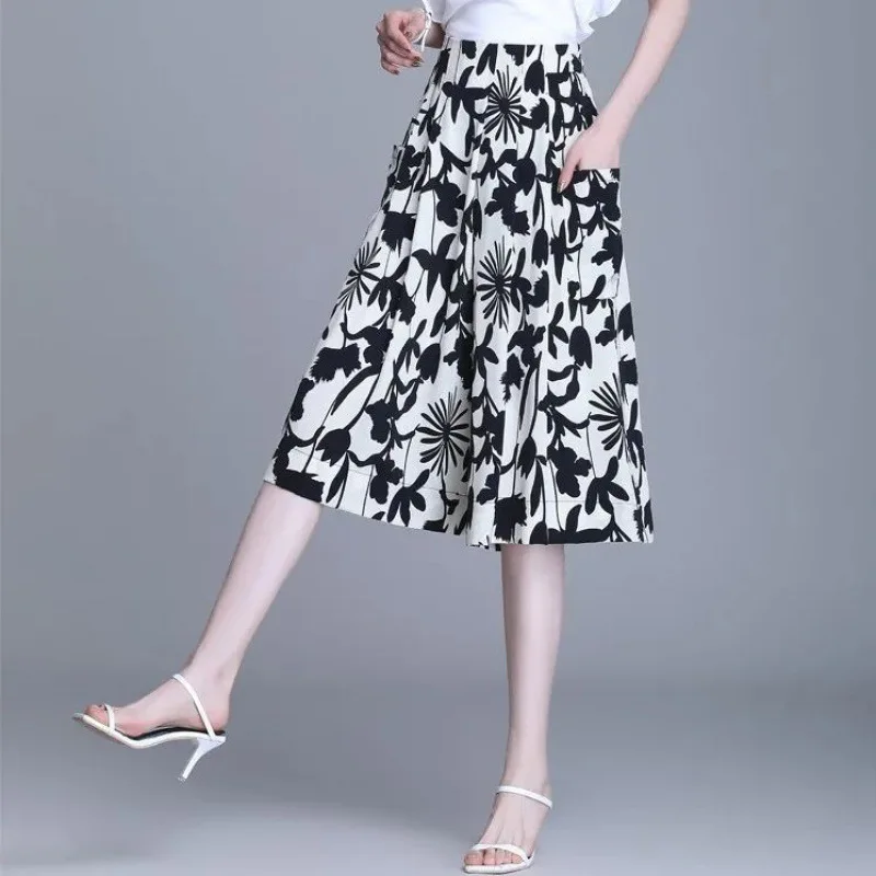 Women's Summer Ice Silk Chiffon Wide Leg Pants High Waist Loose Casual Crop Pants Fashion Large Hem Pockets Floral Pantskirt