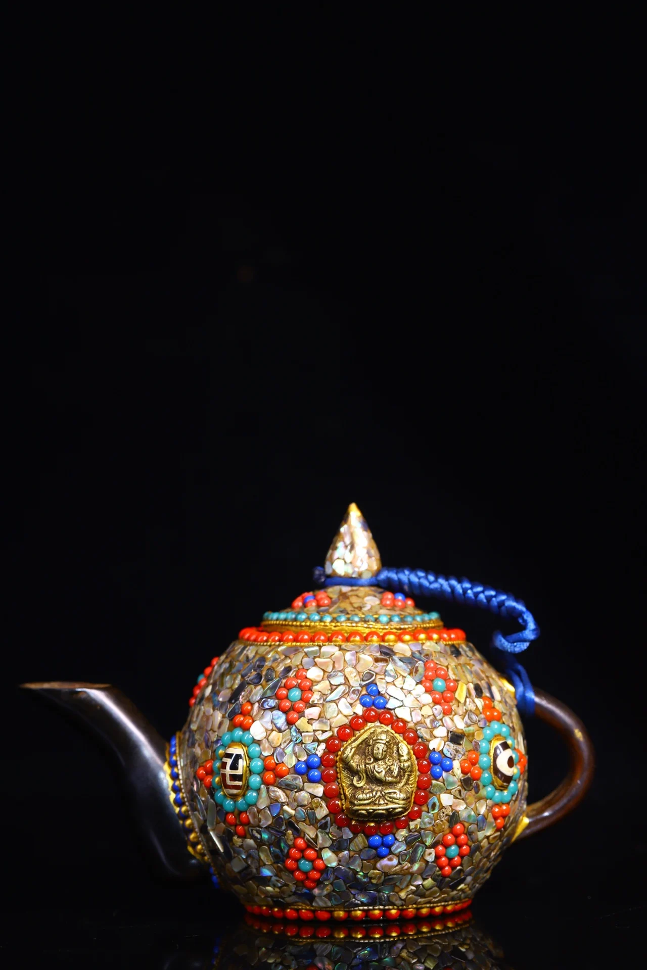 

6"Tibetan Temple Collection Natural Horn Mosaic Gem gZi Beads Shell Butter pot Beam jug kettle teapot Manjusri Town House