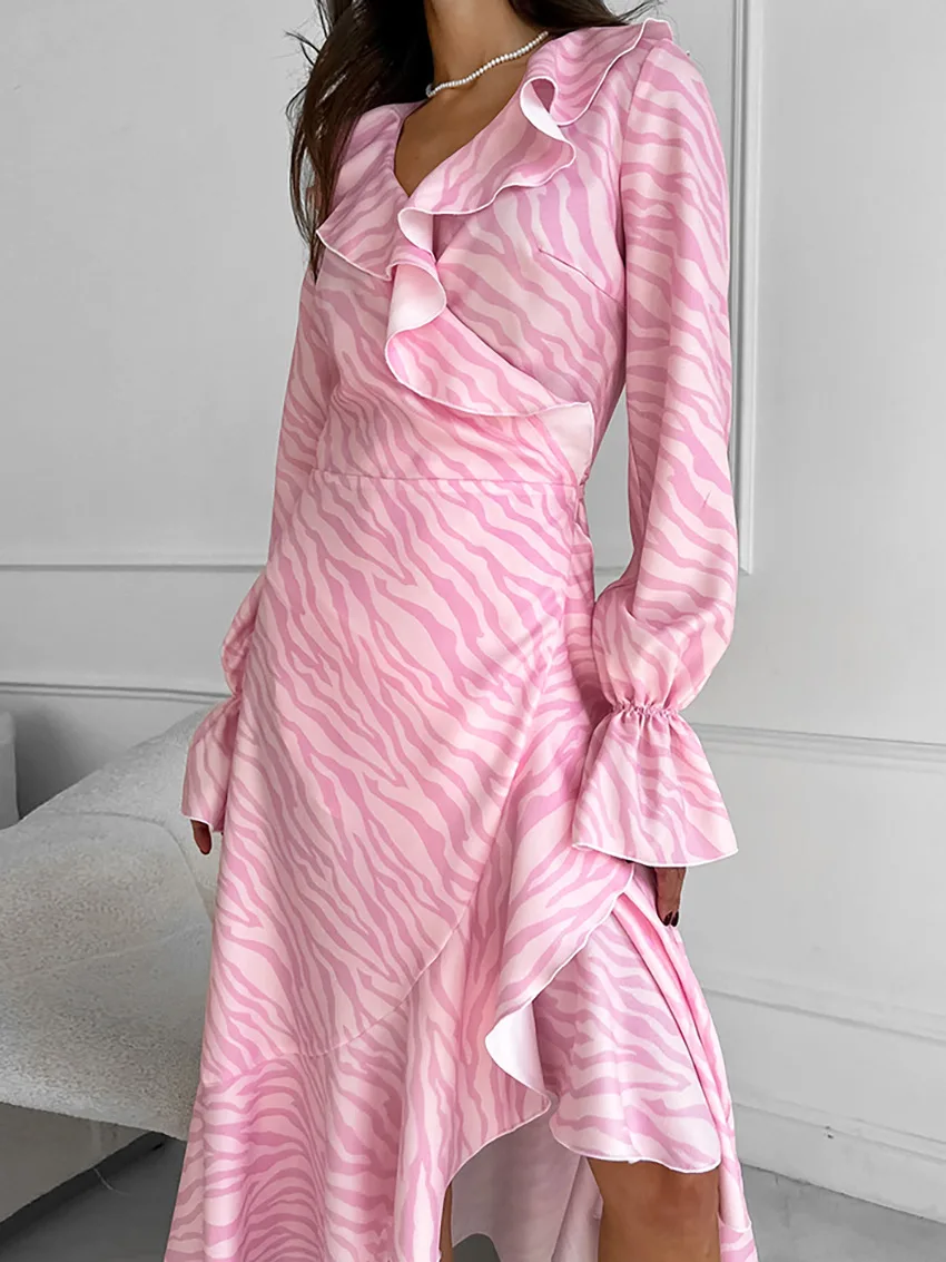 Pink Printed Ruffled Long Dress Women's Lace-Up Long Sleeve Elegant Contrast Patchwork Party Dress Female Bandage Dress
