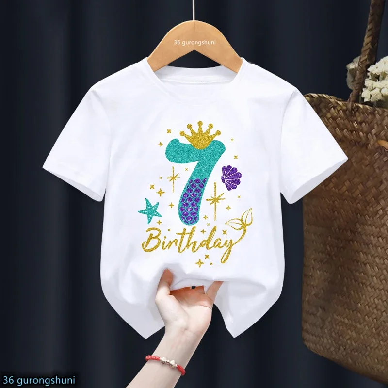 thumbnail image 1 of Bonita camiseta de algodón para niña, regalo de sexto cumpleaños, camiseta con estampado de corona de princesa sirena, camisetas blancas Harajuku Kawaii, 1 of 5