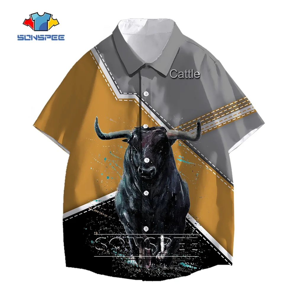 SONSPEE Hunting Animal Bull 3D Print Men's Shirt Casual Harajuku Trend Street Spanish Bullfight Hawaiian Shirts Short Sleeve Top short stories in spanish