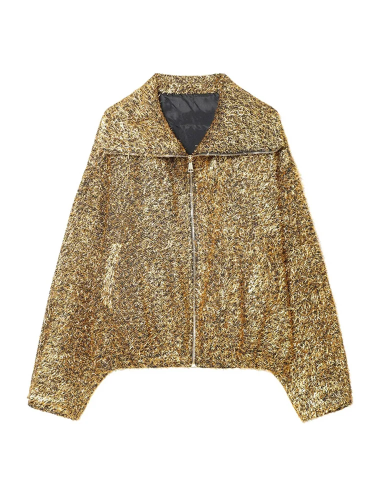 Fall New Metallic Thread Bomber Jacket For Women Long Sleeve Vintage Zipper Streetwear Casual Loose Lady Lapel Fashion Outerwear
