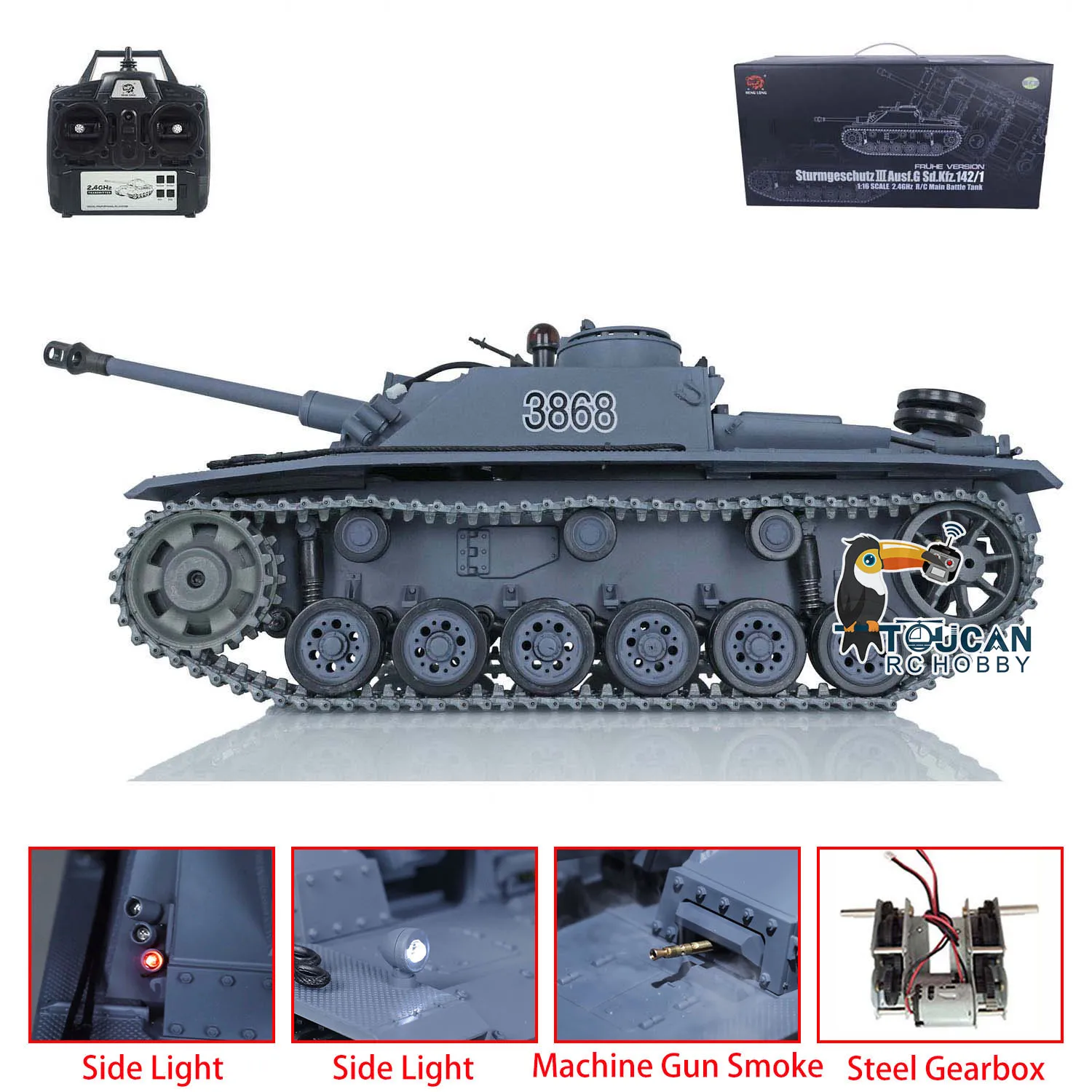 1/16 Heng Long HL TK7.0 German Stug III RC Tank 3868 Metal Tracks Turret Side Light 2