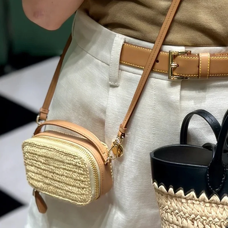 

Weaving Straw Crossbody Bag Patchwork Cowhide Fashion All-match Small Square Bag 2024 New Casual Light Mini Handbag High Quality