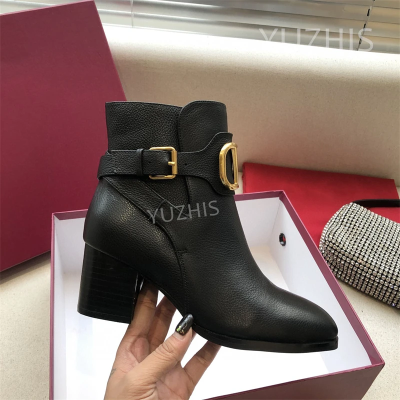 

Luxury Brand Short Boots Women Classic Simple Buckle Design Boots High Quality Chunky Heel Black Ankle Boots Botas De Mujer