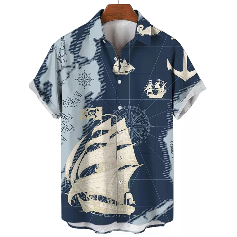 2024 Summer Compass Graphic Men Hawaiian Shirt 3d Print Shirts For Men Vintage Plus Size Hawaiian Shirts Beach Retro Camisa Tops 2