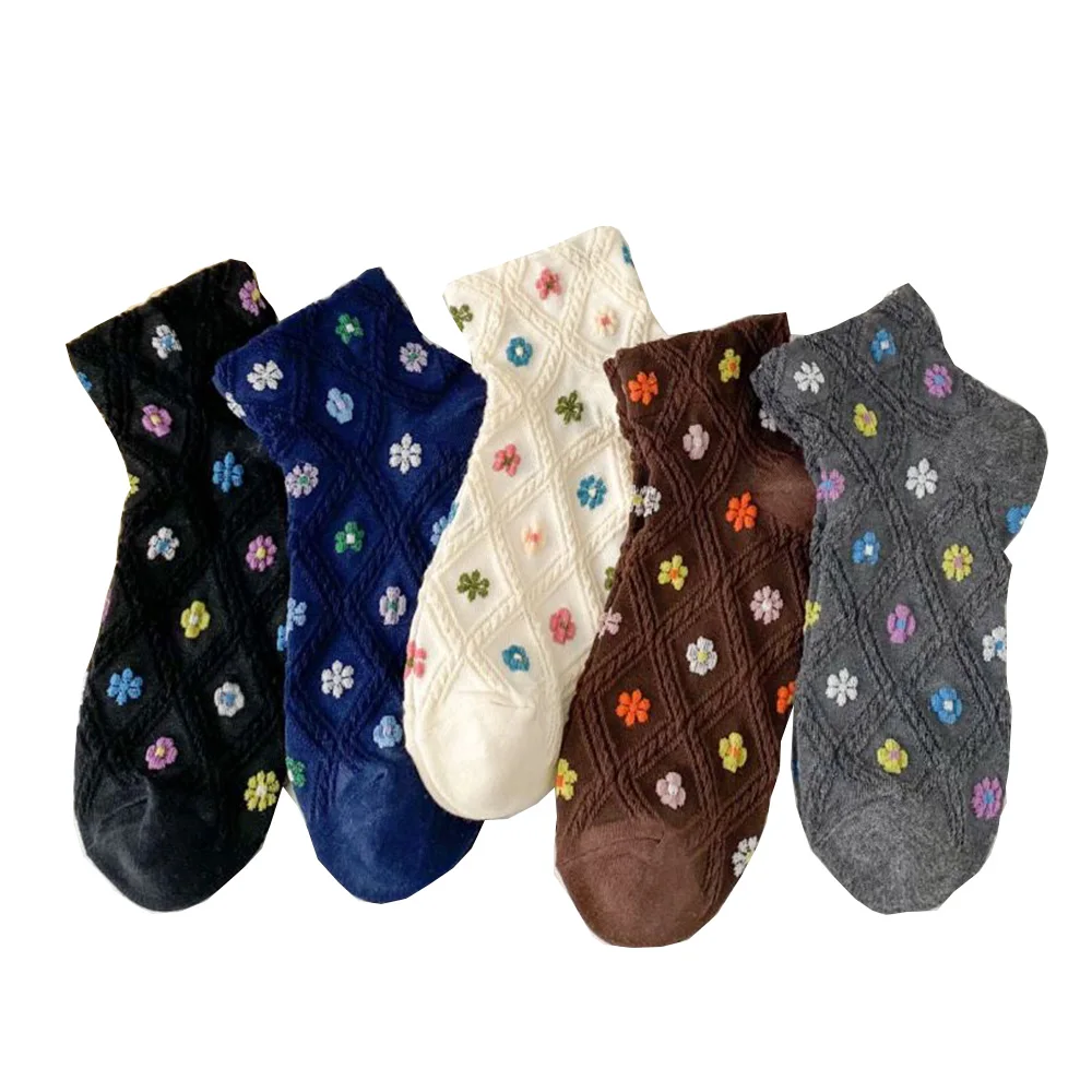 

5 Pair Kawaii Small Flower Print Socks For Women Shallow Spring Summer Short Mouth Designer Brand Socks Woman Breathable Socken