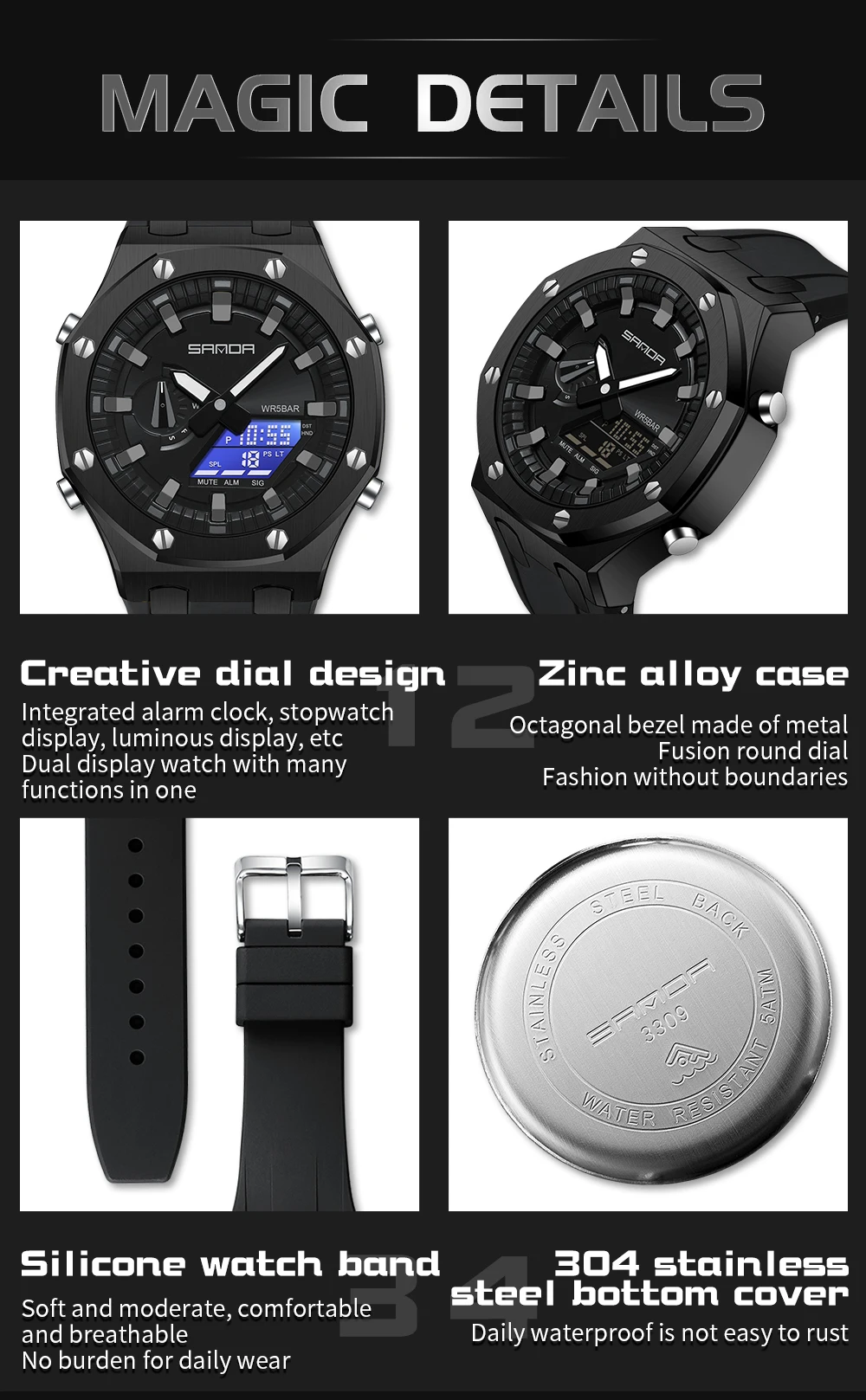 SANDA 3309 Top Brand New Men's Watches 5ATM Waterproof Sport Military Wristwatches Quartz Watch For Men Clock Relogio Masculino