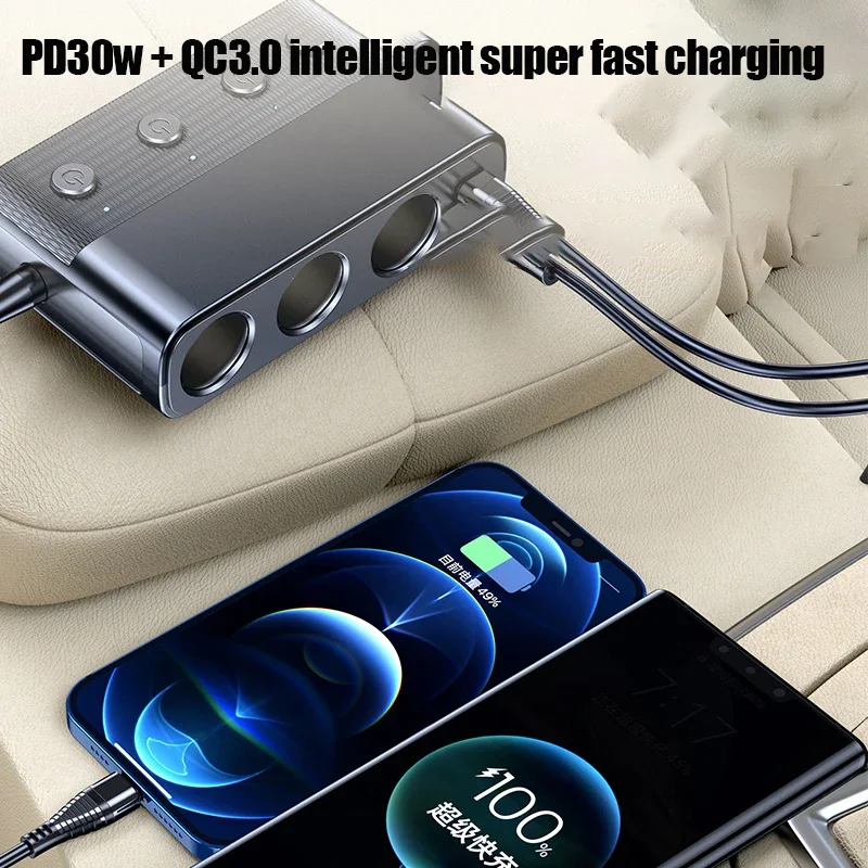 Car Charger Splitter Multi Ports PD30W QC3.0 Cigarette Lighter Adapter Car Cigarette Lighter Socket Splitter with Switch 128W