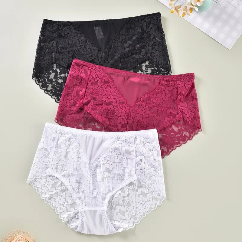 

Plus Size 1XL-4XL Women Thin Style Panties Hollow Lace Printed Underwear Mid Waist Comfortable Briefs Sexy Lace Lingerie Female