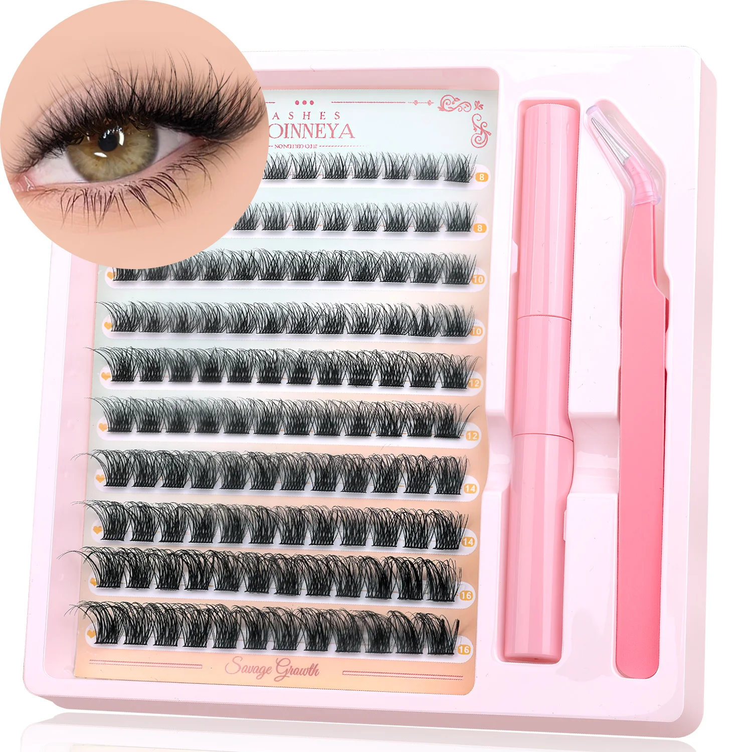 GROINNEYA Fluffy Lash Clusters Kit With Waterproof Strong Hold DIY Lash Extension Kit Lash Bond & Seal & Eyelash Tweezers Makeup