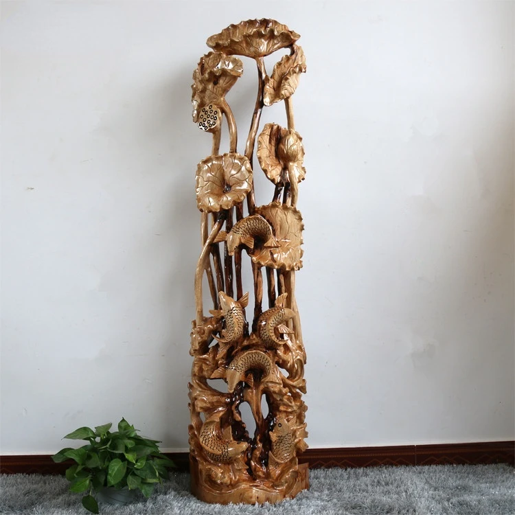 

zqSolid Wood Annual Fish Ornaments Lotus Fish Wood Carving Ornament Living Room Ornaments