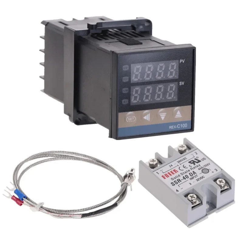 PID REX-C100 온도 컨트롤러 범위, 100-240VAC, 0-900C SSR40A K 열전대, PID 컨트롤러 세트 및 방열판