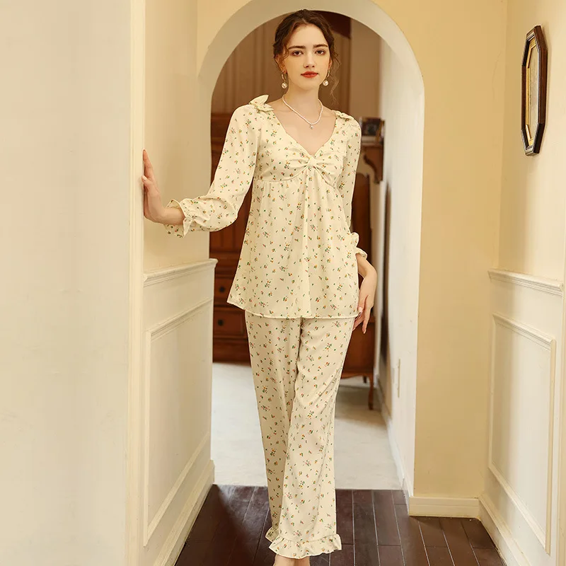 Women 2 Piece Pajamas Sets Print Pijama Faux Silk Satin V-Neck Pyjama Female Sleepwear Long Sleeve Bow Top Pants Suit Homewear