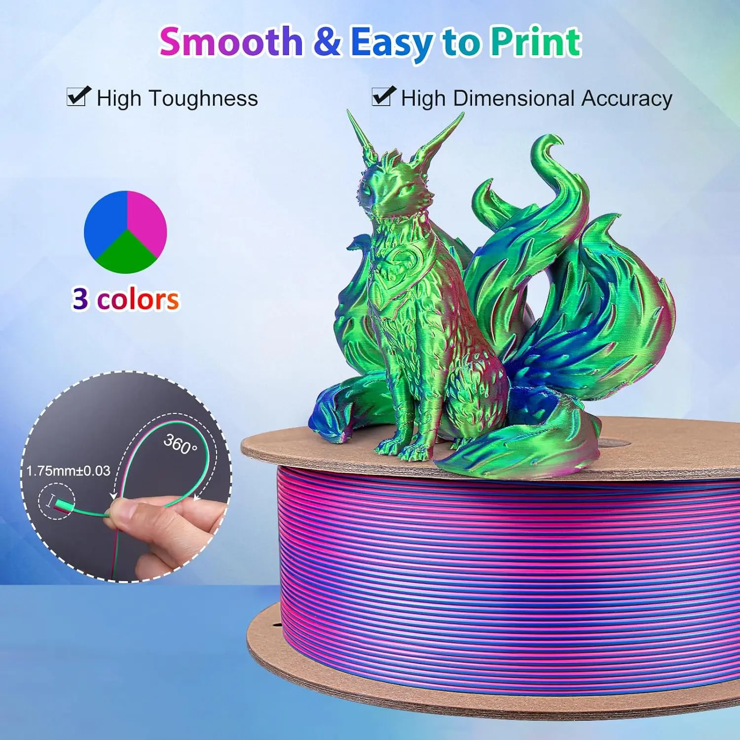 3색 1실 PLA 실크 필라멘트 250g 1.75mm, 고광택, FDM 3D 프린터 호환