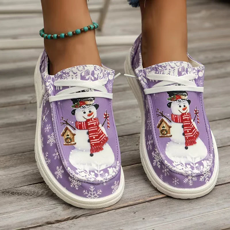 Christmas Snowman Reindeer Pattern Printed Loafers New Fashionable Lace Up Vulcanized Shoes Canvas Women's Flat Shoes Zapatos