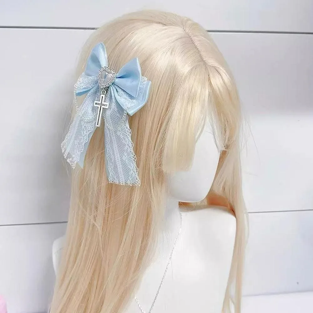 Niedliche Schleifen-Kreuz-Anhänger-Haarspange, exquisites Spitzendesign, Taschenanhänger, Lolita-Haaraccessoires, japanischer Stil, Y2K-Haarspange – Detail 4
