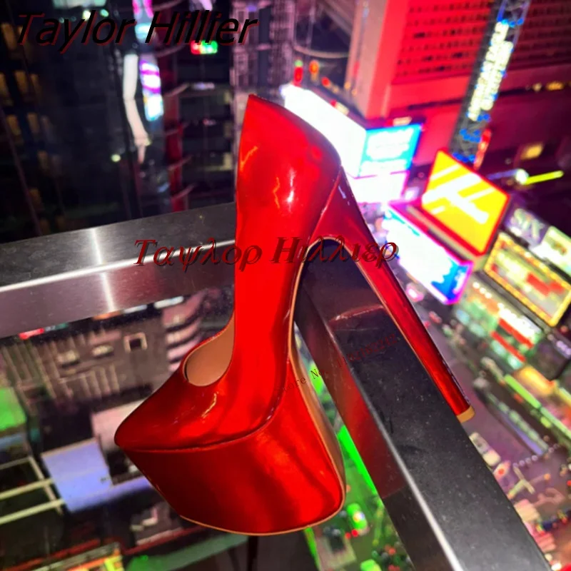 

Spring Super High Heel Water Platform Pumps Rose Red Rhinestone Pointed Thin Heels Women'S Shoes Fashion Sexy Party Track Shoes