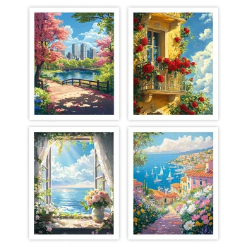 Gatyztoire peinture par numéros adultes nouveau paysage de fleurs encadré à l'huile mur Art moderne Kit de peinture coloriage par numéros Art fournitures Kit 1