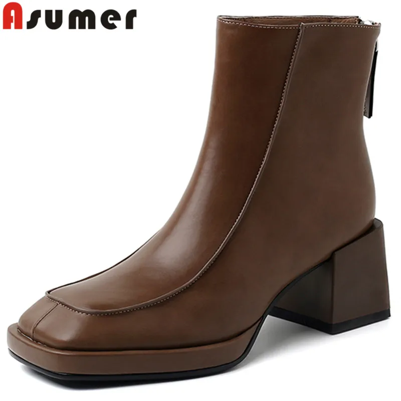 

ASUMER 2024 New Simple Thick High Heels Shoes Genuine Leather Zipper Platform Boots Woman Winter Autumn Ladies Ankle Boots