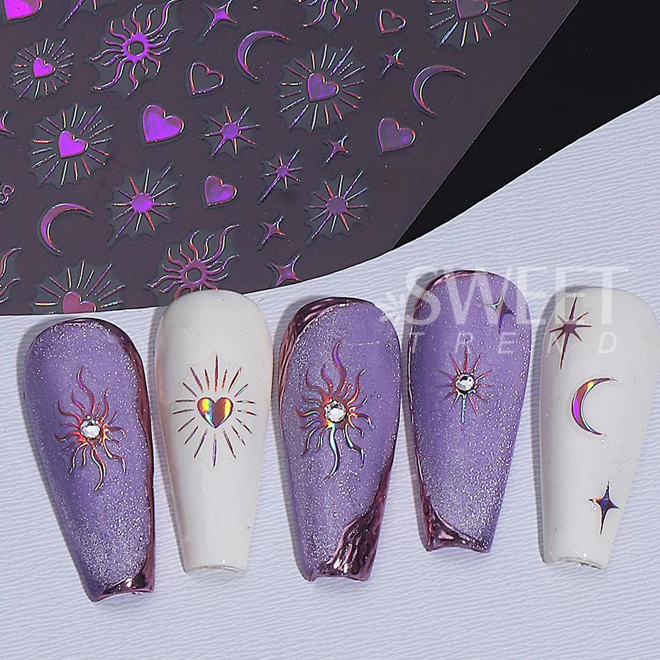 6pcs Gold Silver Laser Star Moon Nail Sticker Y2K Metal Love Heart Self-adhesive Nail Decals Bohemian Manicure Decoration Slider