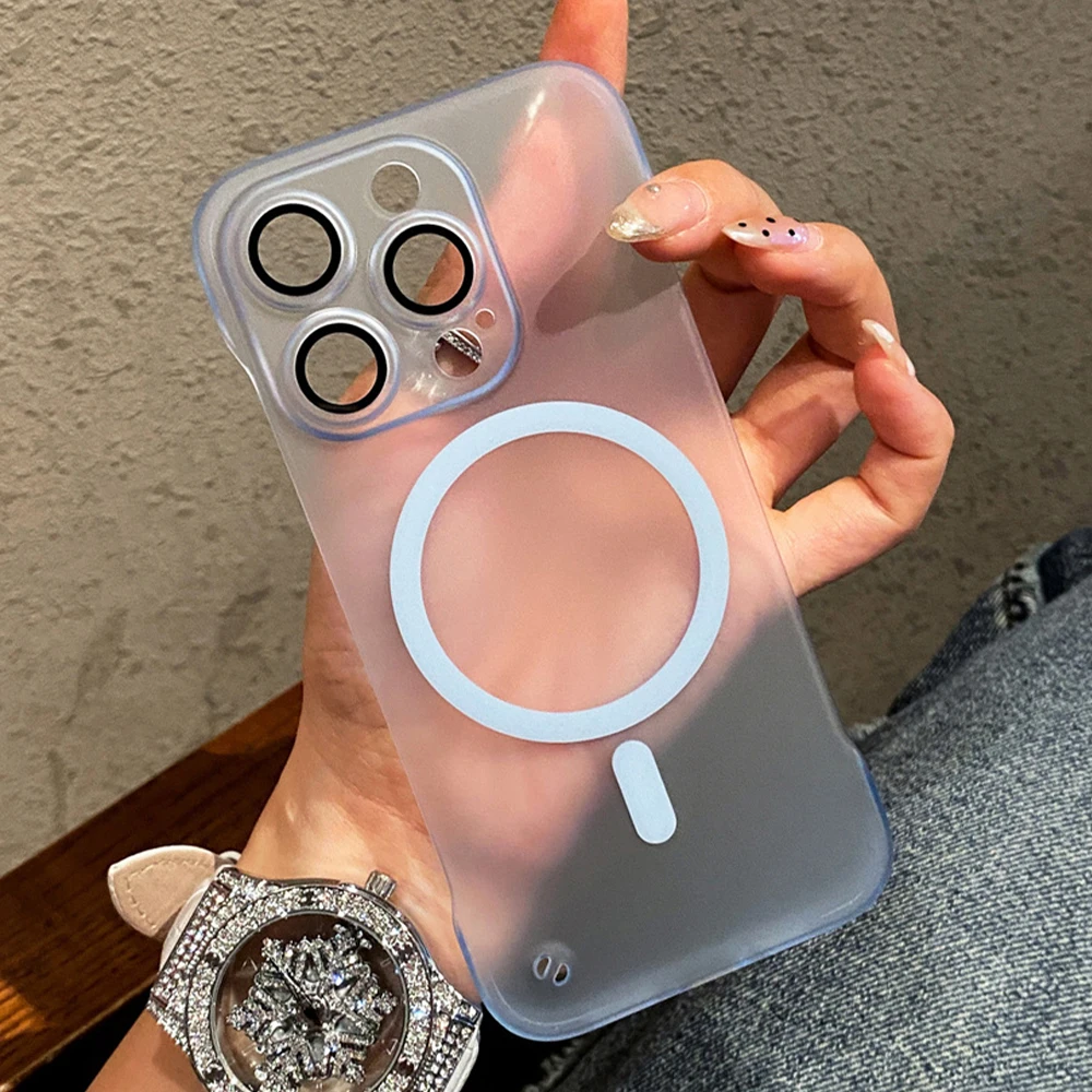 Ultra Thin Magnetic Matte Frameless Phone Case with Lens Protector and Translucent Frosted Back Cover