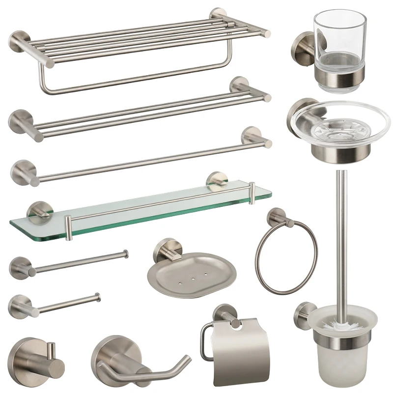 Brushed Nickel Bathroom Accessories Towel Bar Hooks Towel Rack Shelving Roll Paper Holder Toilet Brush Soap Dish Glass Shelf