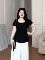 Summer Slimming ort Sve T-irt Women's plus Size Cover Belly Casual Commute Sle Regular Sve Pure Color Square Collar