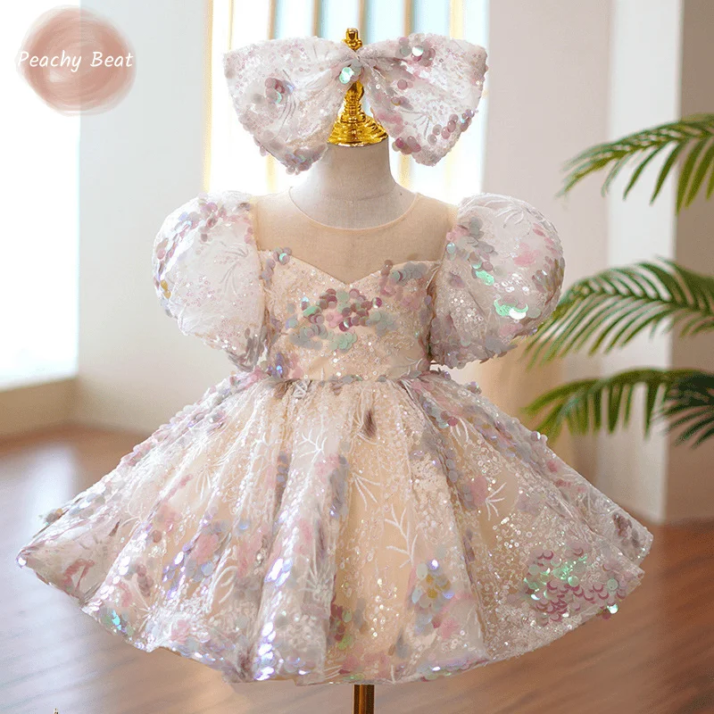

Baby Girl Princess Sequin Tutu Dress Infant Toddler Child Puff Sleeve Bow Vestido Party Birthday Piano Performance Frocks 1-14Y