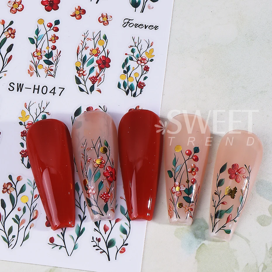 3pcs Elegant Flower Nail Sticker Bronzing Border Petals Hibiscus Vine Leaf Design Nail Decals Sliders DIY Manicure Decoration
