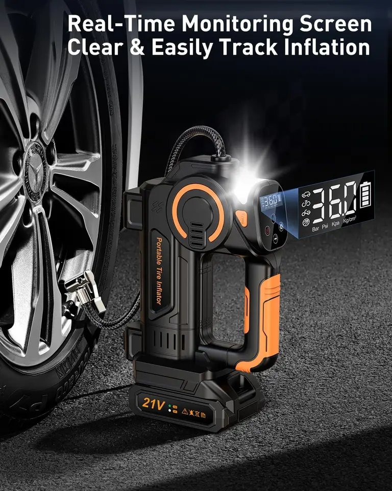 RUSHKYLIN Cordless 21V Battery Powered Tire Inflator Portable Air Compressor, 160PSI Car Tire Air Pump With 12V Car Power Adapter, Perfectly For SUV, Cars, Motorcycles, Bikes, Balls, Etc - View #7