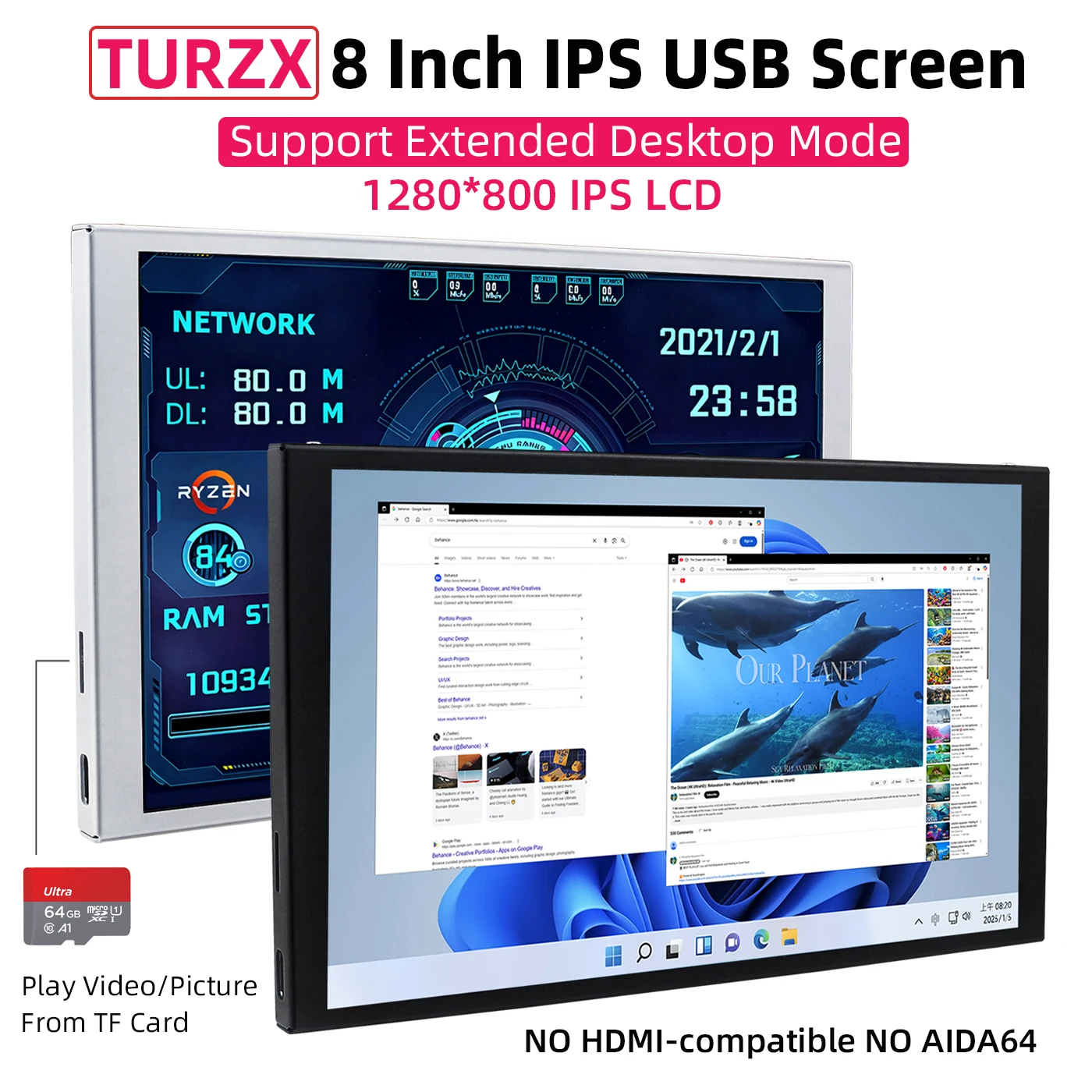 TURZX 8インチセカンダリースクリーンUSBディスプレイ 1280x800 IPS