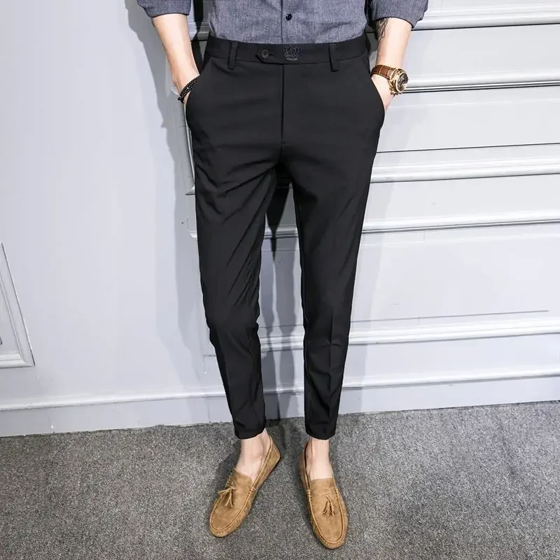 thumbnail image 1 of Pantalones de traje para hombre de corte ajustado, pantalones elásticos trenzados para negocios, pantalones de vestir para hombre, pantalones chinos para hombre, verano 2024 en adelante, 1 of 5