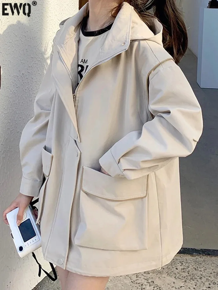 

[EWQ] Fashion Beige Zipper Button Pocket Loose Hooded Windbreaker Coat Jackets Outerwear For Women 2023 Spring Autumn New 6U6350