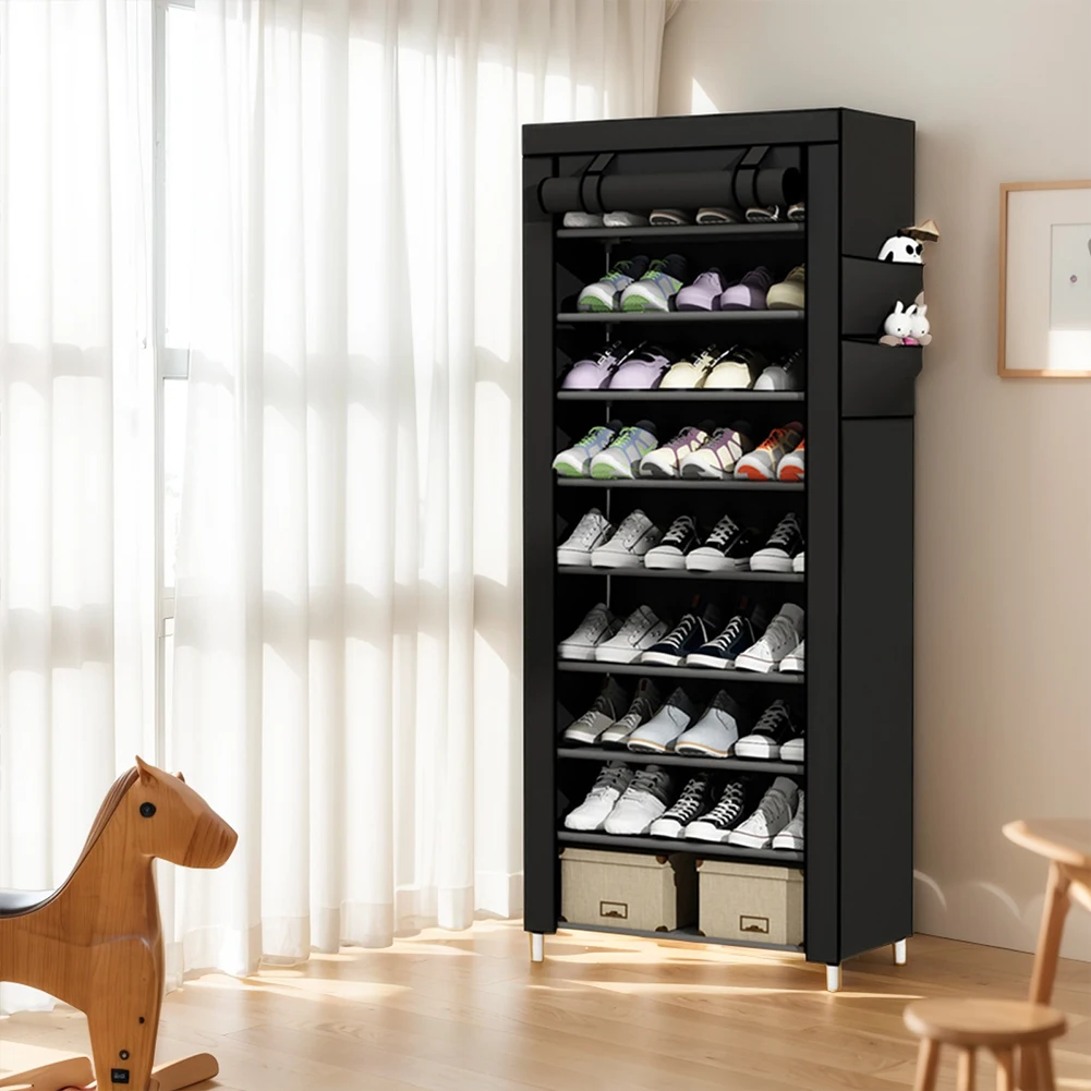 10 Layers Shoes Cabinet with Fabric Cover Dustproof Shoes Storage Rack Metal Shoe Rack for Home Student Dormitory Office Worker