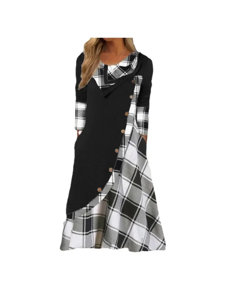 

2024 New Retro Streetwear Button Plaid Patchwork Dresses Women's Long Sleeve Casual Loose Pile Collar Pockets Dress Female Wear