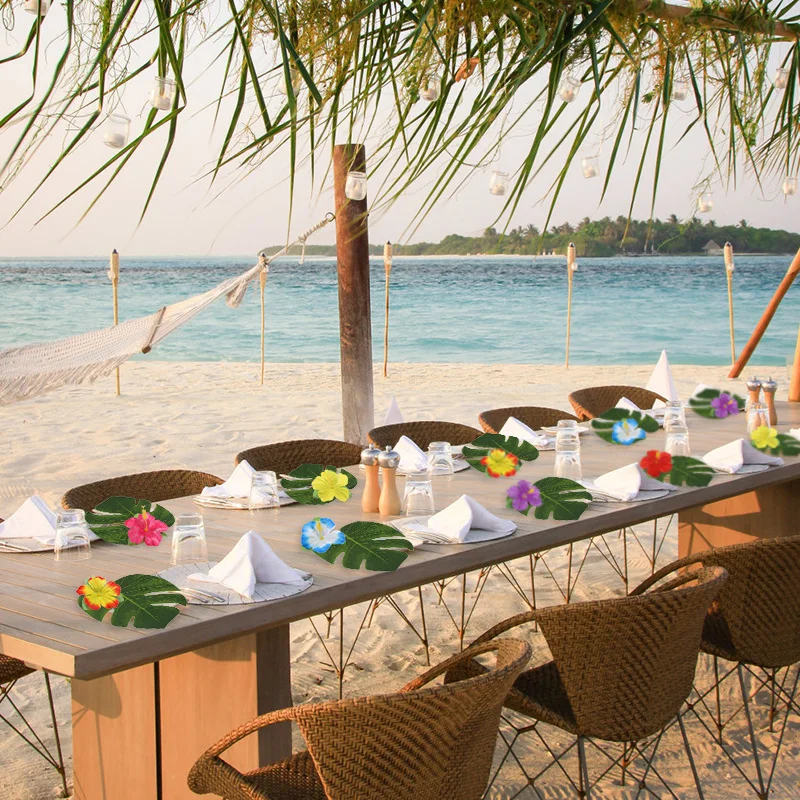 12/30pcs Artificial Tropical Palm Leaves Hibiscus Flower for Hawaiian Luau Tropical Party Table Decoration DIY Wedding Birthday