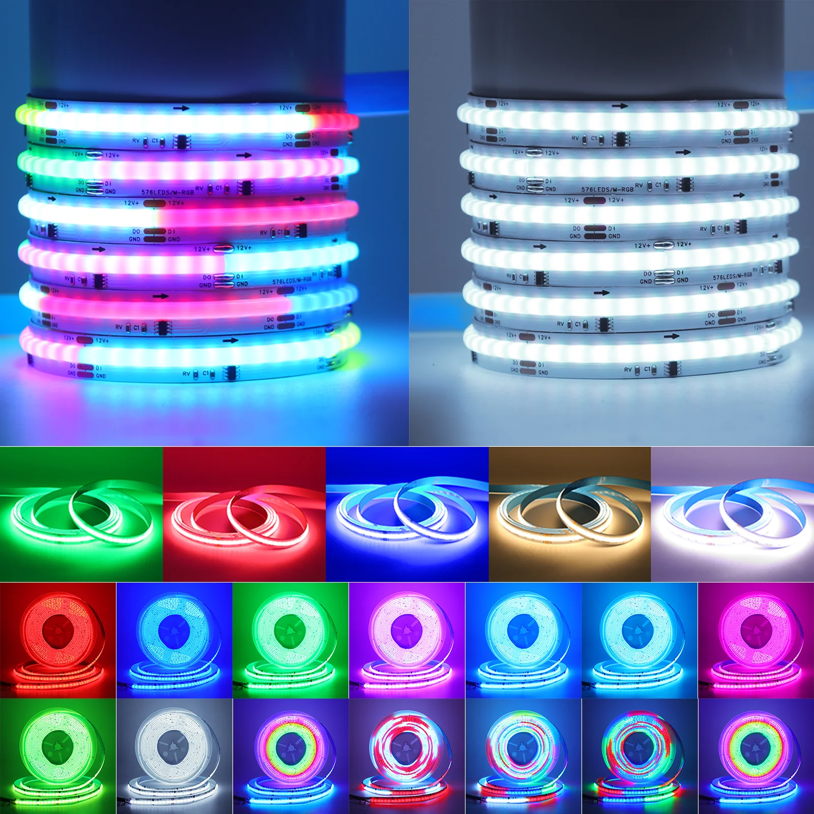 5V 12V 24V COB LED Strip RGB RGBW RGBWW RGBCCT Nastro Flessibile Led 840 784 576LED/M Luci LED FOB Ad Alta Luminosà Per La Stanza - Foto 9