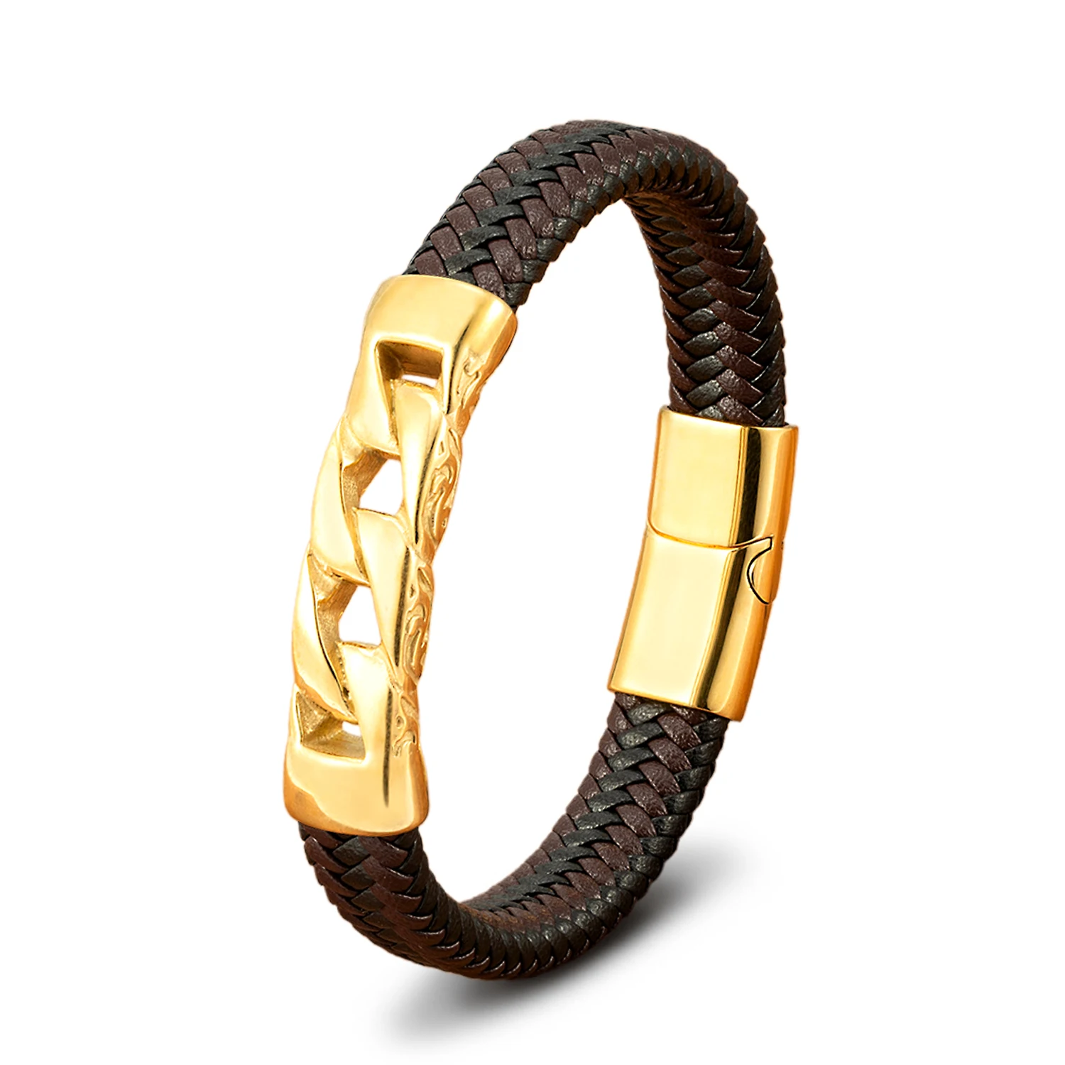 TYO Herren-Armbänder aus Edelstahl, Gold und Stahl, echtes Ledermaterial, Nischen- und minimalistisches Design, Geschenk für Männer – Detail 9
