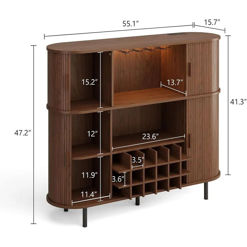LED-Illuminated Fluted Wine Bar Cabinet with Coffee Station and Power Outlet, Modern Liquor Cabinet with Wine Rack & Glass Holde