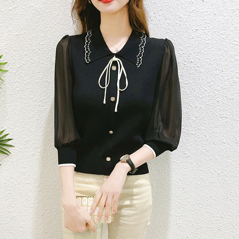 2024 New Spring Summer Women Fashion Elegant Bow Chiffon Patchwork Blouses Office Lady Casual 3/4 Sleeve Slim Pullover Knit Tops