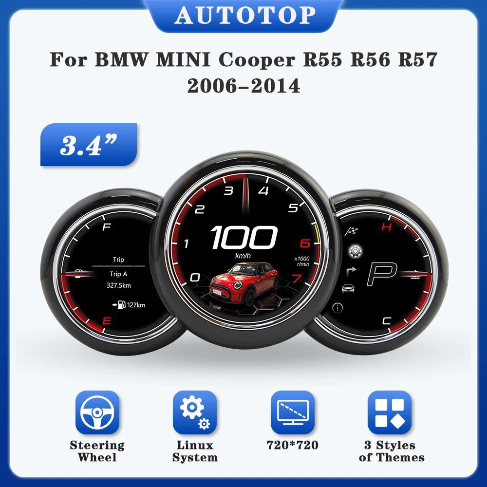 AUTOTOP-instrumento medidor de velocidad de 3,4 pulgadas para BMW MINI Cooper R55 R56 R57 2006-2014, Panel de tablero LCD automático, grupo Digital Linux Fual 1