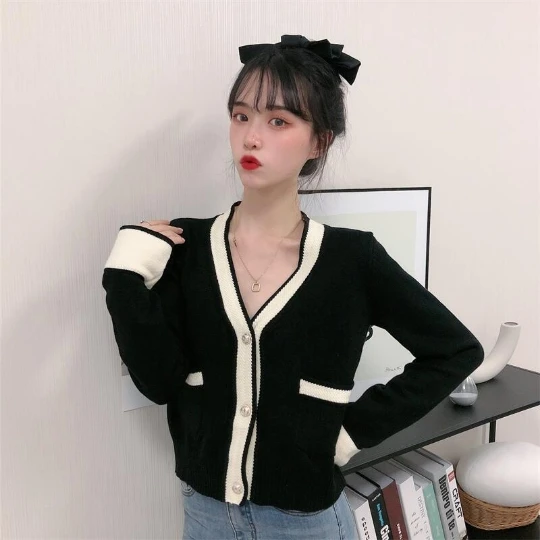 

Black Casual Knitting Cardigan Pullover Girl Women Woman Sweater V Neck Knit Tops Tight Women's Sweaters Top Coat Cloth Suéter