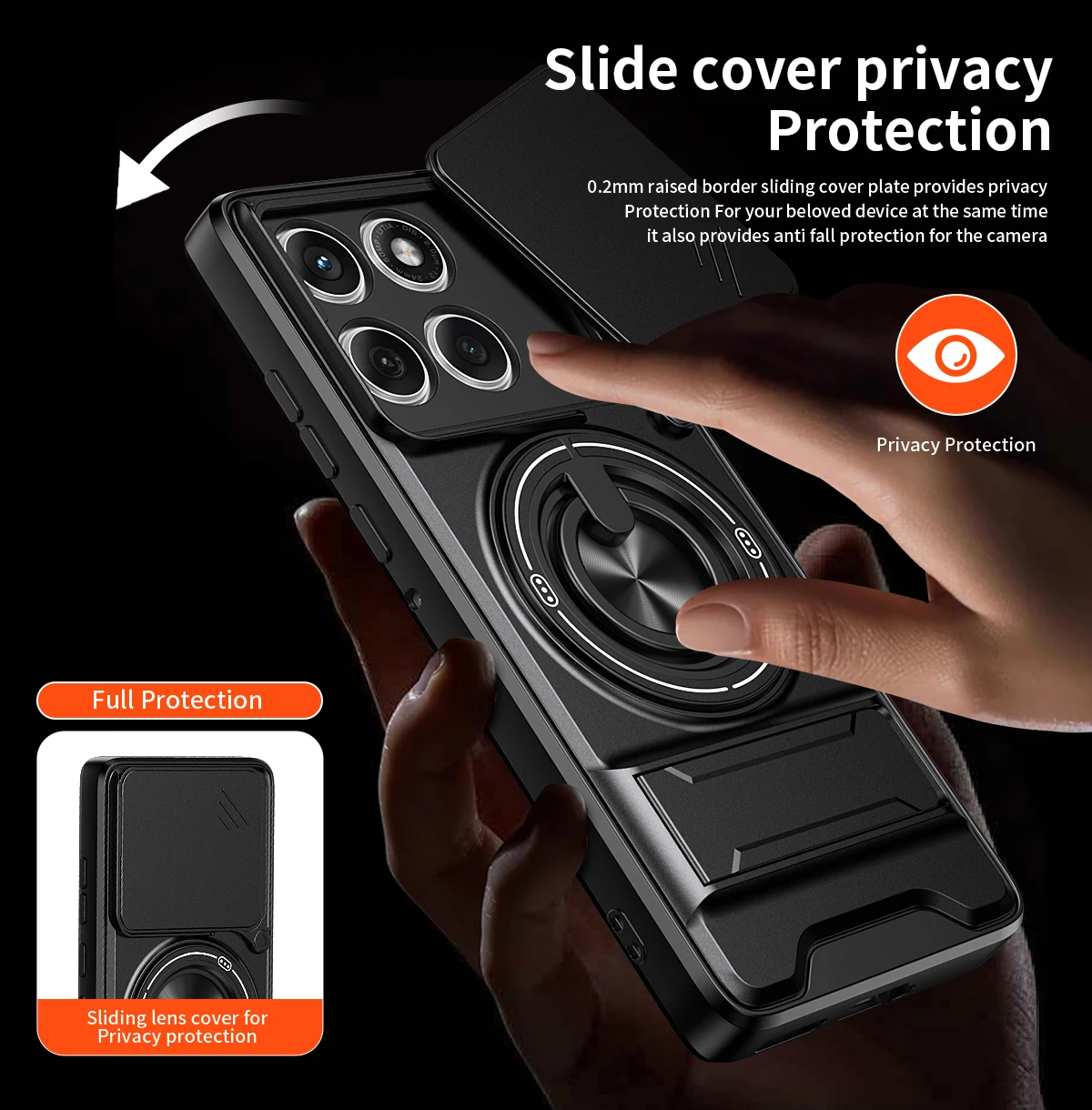Magnetic Rotating Ring Holder Phone Case with Lens Slide Cover