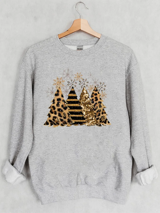 Casual Round Neck Sweatshirt  Merry Christmas Trees Printed  Casual Loose Hoodie Crew Neck Long Sleeve Sweatshirt Tops