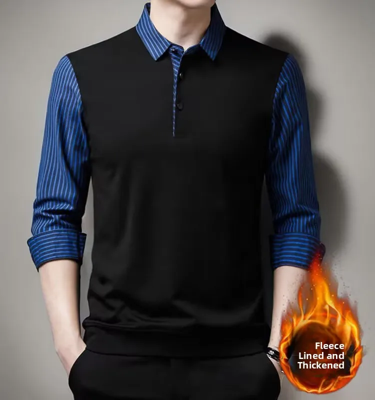 Men's Fce Lined Knitted Stripe irt Fake Two-Piece  Sweater Busin Casual Warm Base Layer Top for Autumn Winter