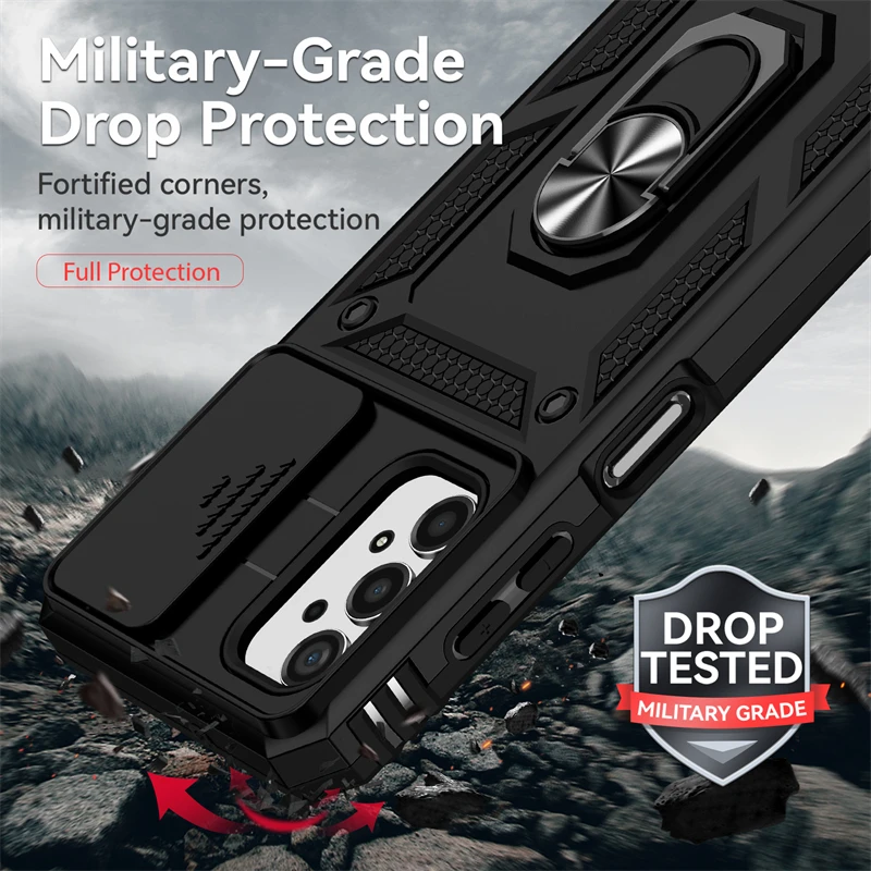 Shockproof Armor Holder Phone Case with Slide Camera Protector and Back Cover