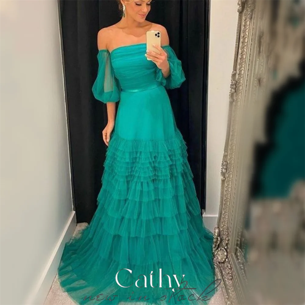 

Cathy Elegant Puffy Sleeve Prom Dress Multilayer Off Shoulder فساتين السهرة Maxi Vestidos De Noche Floor Lenght Party Dresses