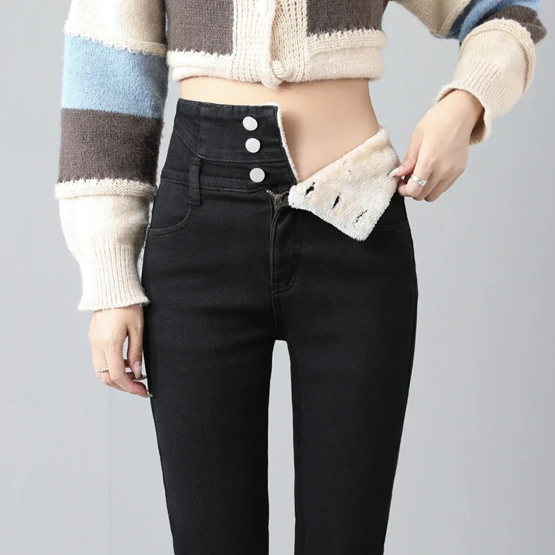 New Fleece High Waist Jeans for Women Classic Black Stretch Thickened Warm Slim Plush Velvet Pencil Denim Trousers Winter